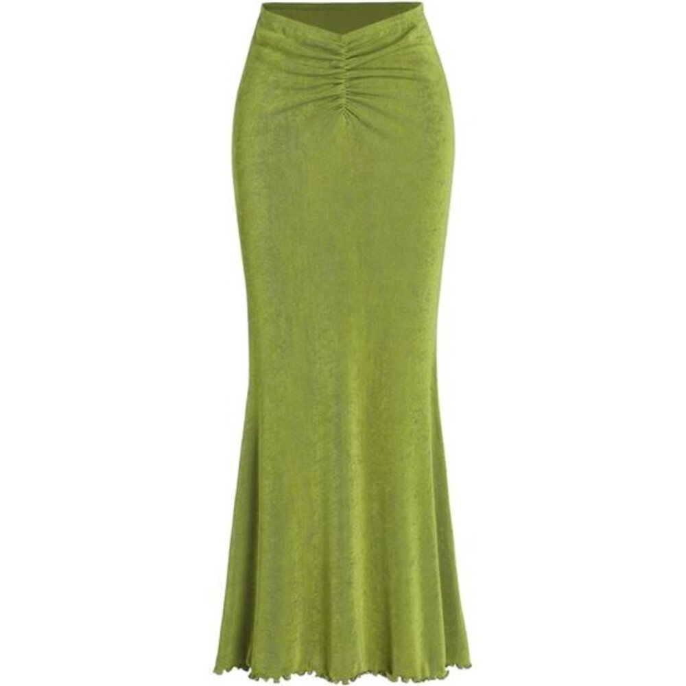 Womens high waist maxi skirt bodycon mermaid fishtail ruched stretchy long skirt